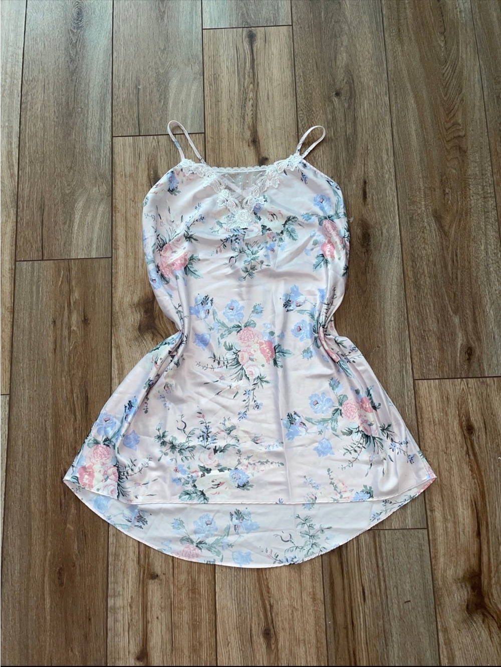 Vintage Y2K Floral Satin Lace Trim Chemise Slip - Pastel Pink